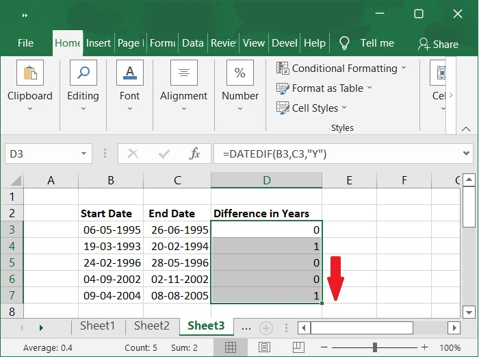 在Excel中计算两个日期的天数、周数、月数和年数的差值