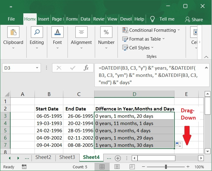在Excel中计算两个日期的天数、周数、月数和年数的差值