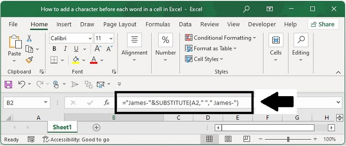 在Excel中在每个单元格单词前面添加字符的方法