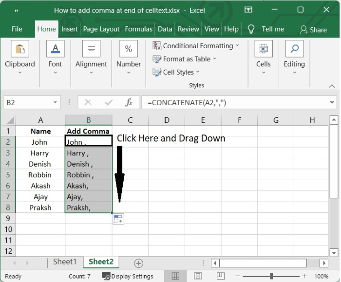 如何在Excel中在单元格或文本末尾添加逗号