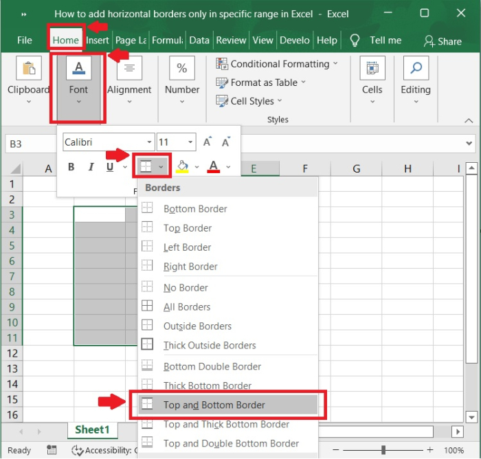 如何在Excel中仅在特定范围内添加水平边框