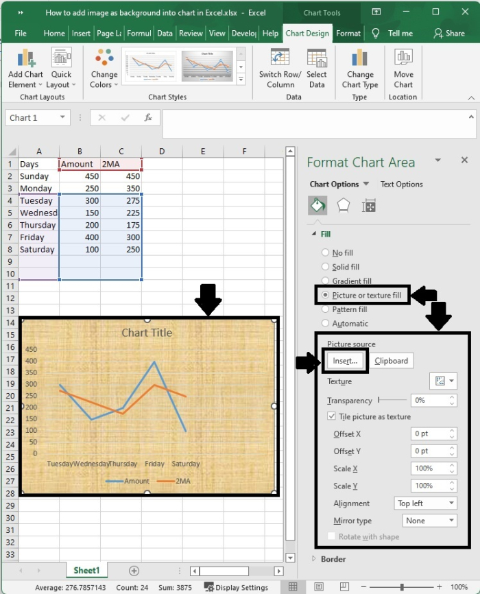 如何在Excel中将图片添加为图表的背景？