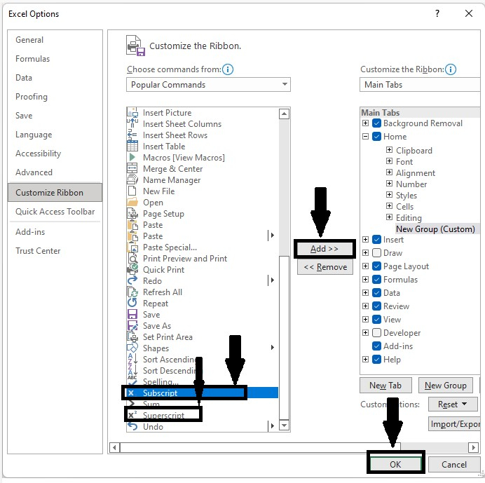 如何在Excel Ribbon中添加下标和上标？