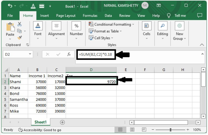 如何在 Excel 中将两个数字相加然后相乘？