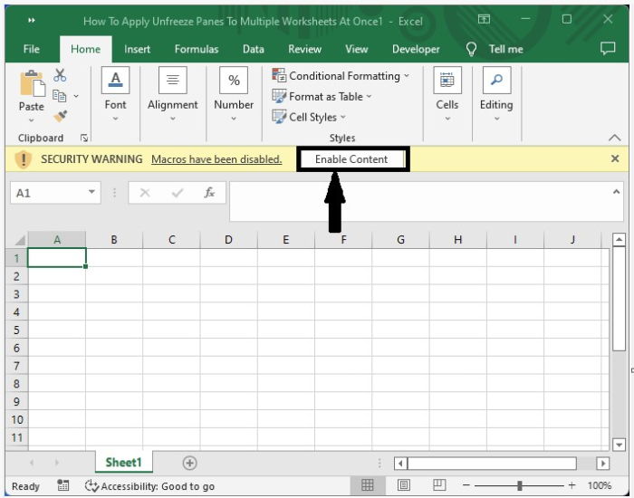 如何一次性对多个Excel工作表应用冻结/取消冻结窗格？