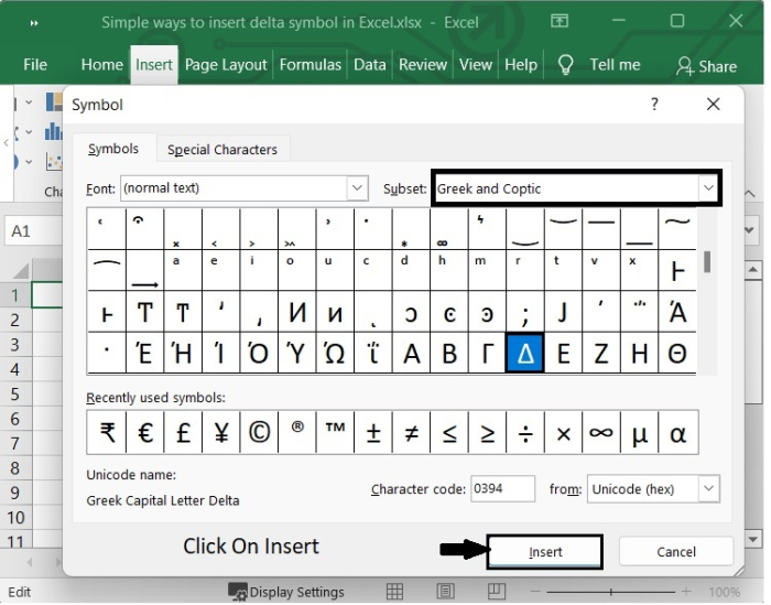 在Excel中插入delta符号的简单方法