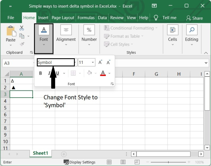 在Excel中插入delta符号的简单方法