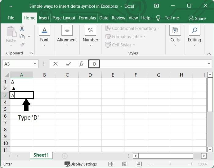 在Excel中插入delta符号的简单方法