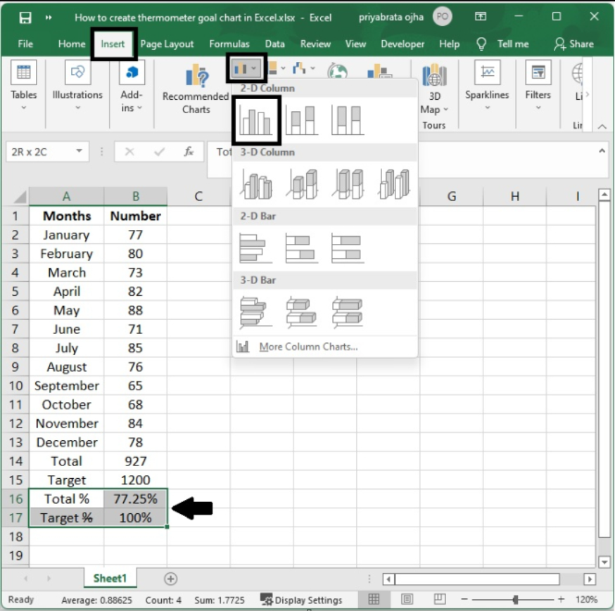 如何在 Excel 中创建温度计目标图表？