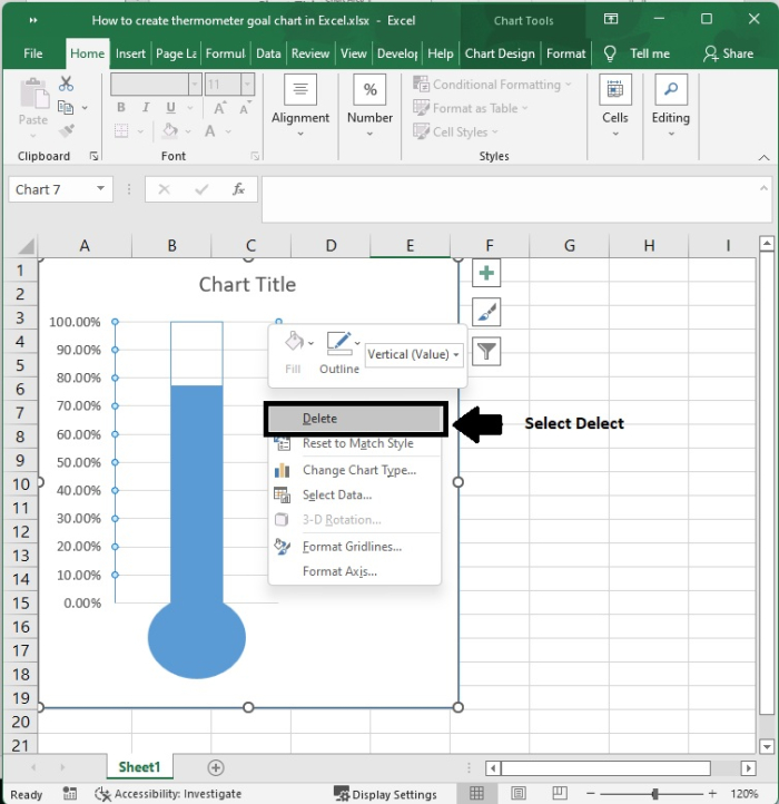 如何在 Excel 中创建温度计目标图表？