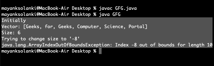 Java中的Vector setSize()方法示例