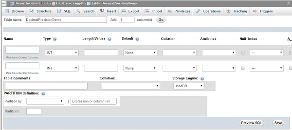 如何通过PHPMyAdmin在MySQL数据库中指定小数精度和比例？