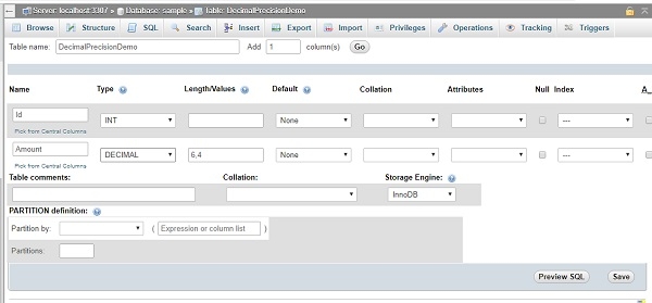 如何通过PHPMyAdmin在MySQL数据库中指定小数精度和比例？