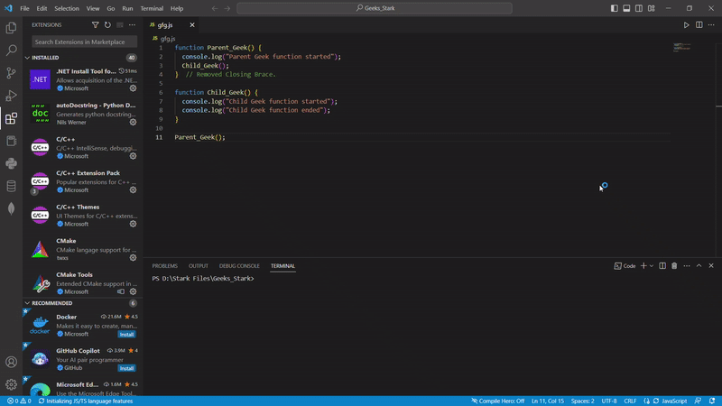 Visual studio code在父函数没有正确关闭时不会报错