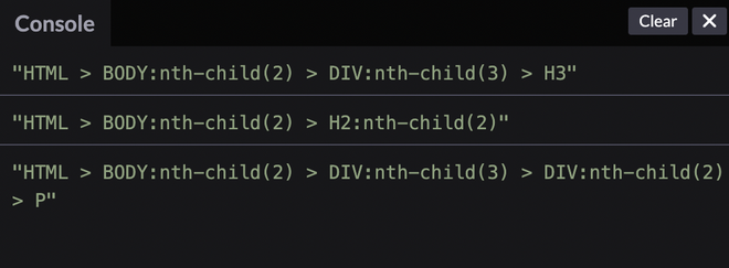 如何创建一个函数<code>generateSelector</code>来生成DOM元素的CSS选择器路径” title=”如何创建一个函数<code>generateSelector</code>来生成DOM元素的CSS选择器路径” /></p>
<p><strong>示例2：</strong> 在这个示例中，我们以与示例1相同的方式实现，但是在body标签中有不同的子元素，所以将不同的输出记录到控制台。</p>
<h2>HTML</h2>
<pre><code class=