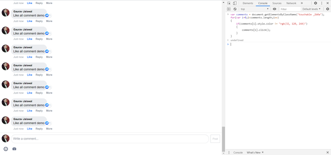 JavaScript 如何自动点赞Facebook帖子中的所有评论
