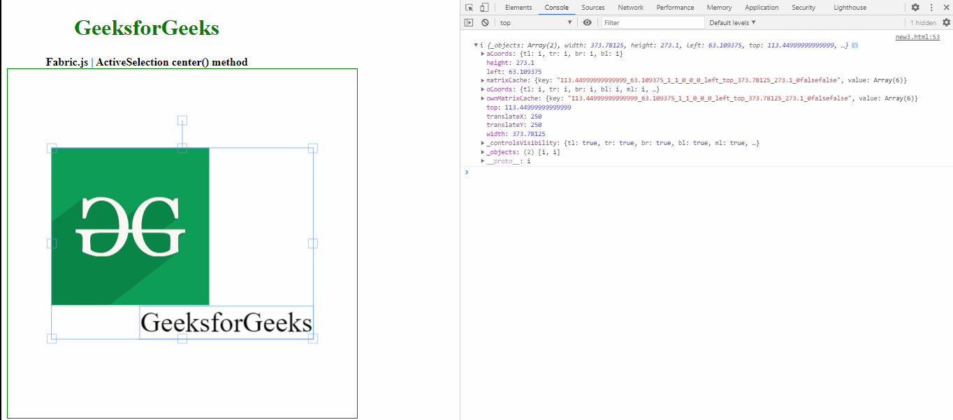 Fabric.js ActiveSelection center() 方法